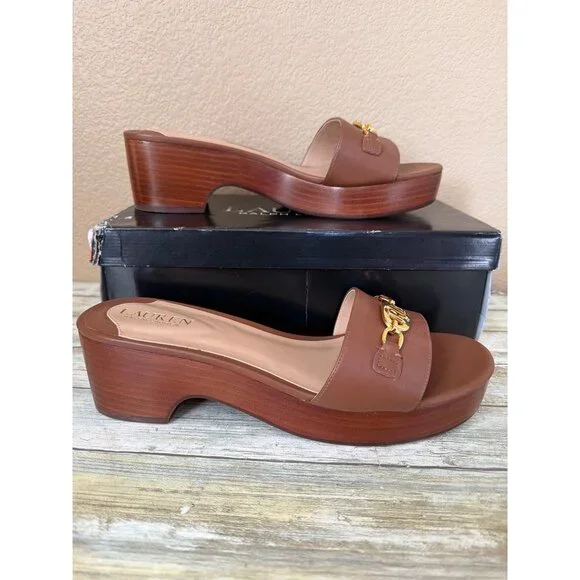 Lauren Ralph Lauren Roxanne Slide Sandals Polo Tan Leather Heel Size 11 NEW - Picture 5 of 15